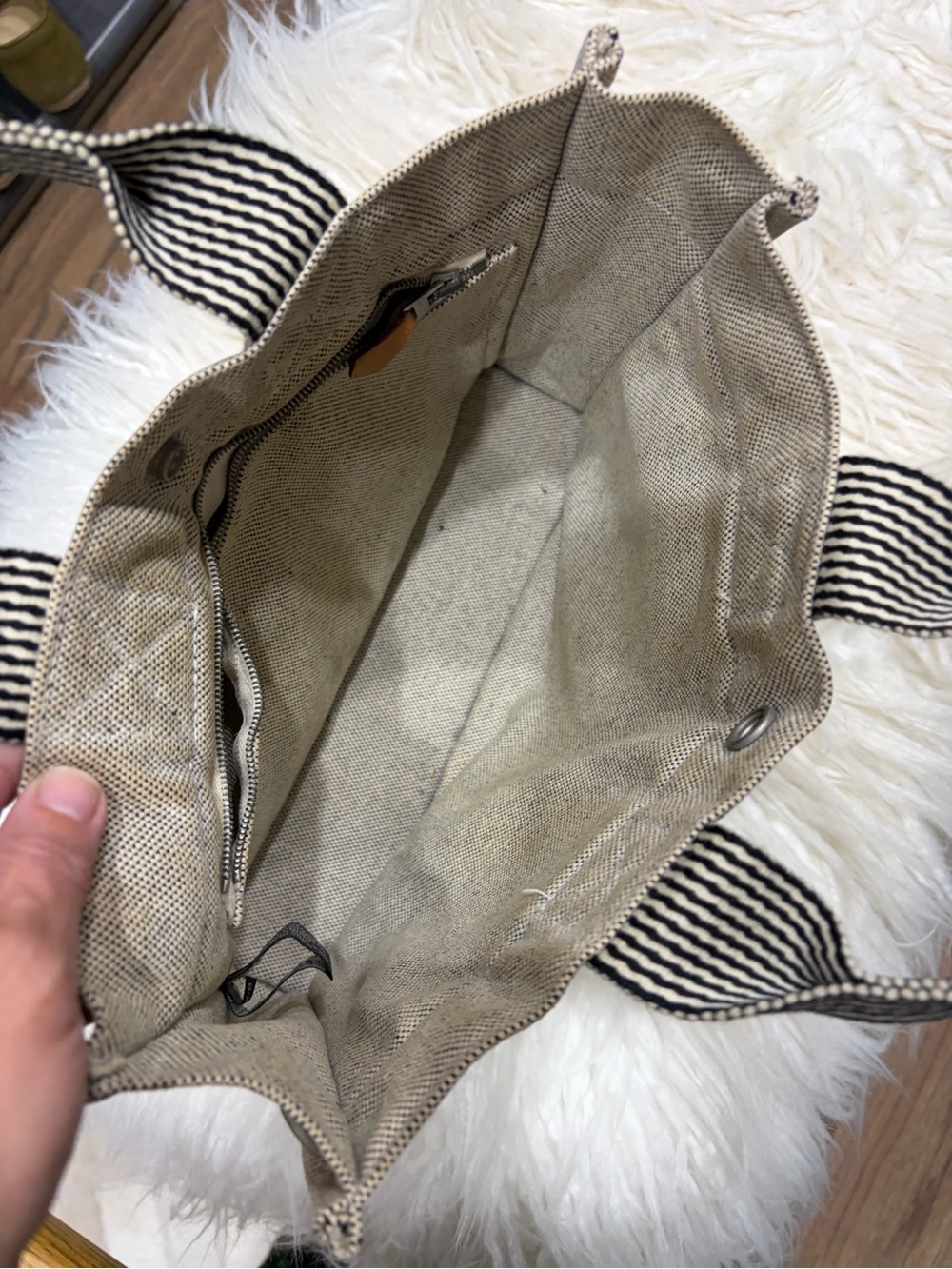Hermes Beige Canvas Messenger Tote with Black-Striped Handles - Picture 7 of 7